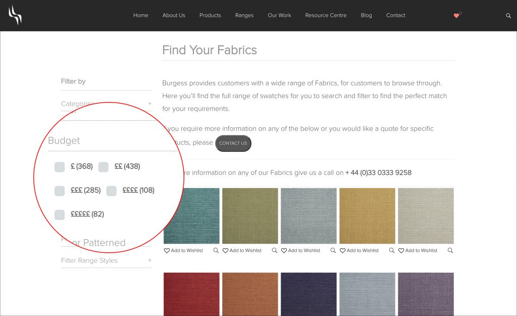 Find Your Fabrics page highlighted the Budget filter options