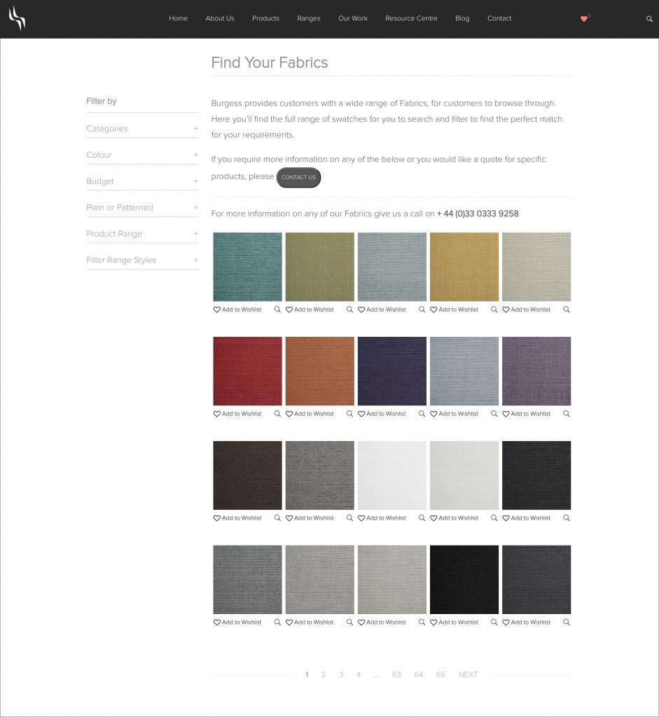 Find Your Fabrics filter page