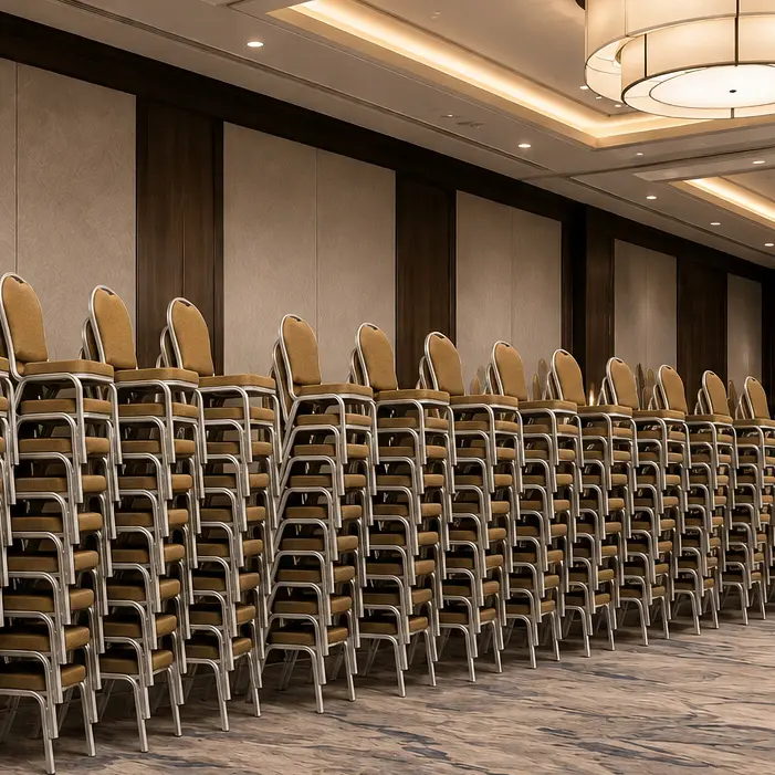Stacking chairs stored in orderly rows inside a venue