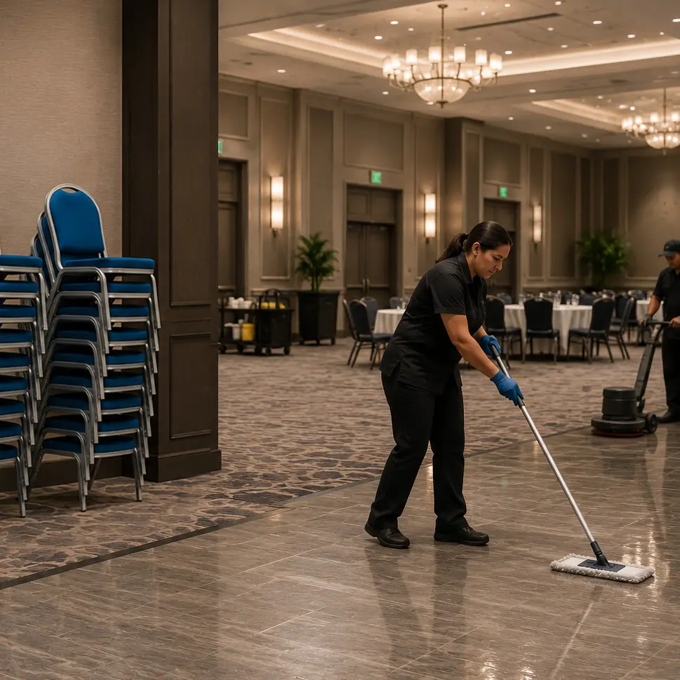 Venue staff cleaning a floor beside stacks of chairs