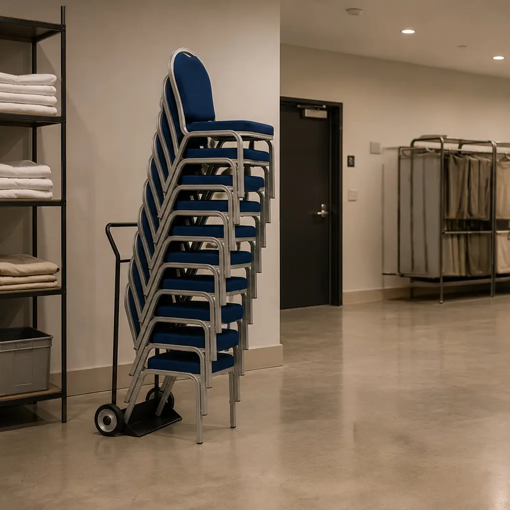 Stacked blue chairs being moved on a chair trolley