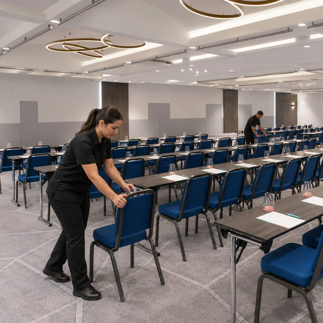 Staff arranging rows of blue stacking chairs in an event space